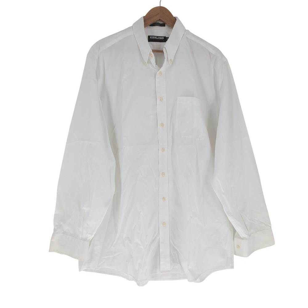 Kirkland Signature Dress Shirt Mens 18-36 White Excellent Non-Iron Cotton Office